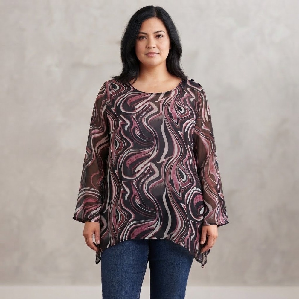 Vintage Sheer Swirl Tunic Blouse Womens 2X Black Pink Abstract Lux Lightweight